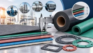 Gasket sheet thickness selection shown with a caliper beside stacked material sheets, rolls and cut gasket shapes.