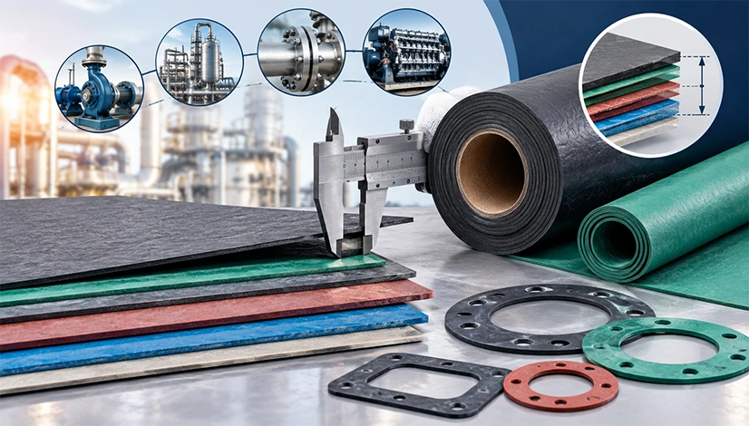 Gasket sheet thickness selection shown with a caliper beside stacked material sheets, rolls and cut gasket shapes.