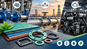 Non-asbestos gasket material sheets and cut gaskets pictured with a pump, industrial pipelines and a diesel engine.