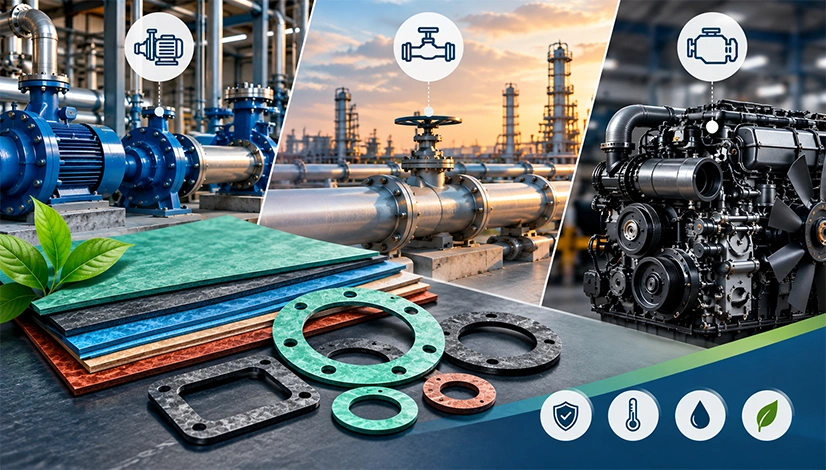 Non-asbestos gasket material sheets and cut gaskets pictured with a pump, industrial pipelines and a diesel engine.