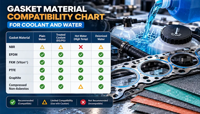 Gasket material compatibility chart for coolant and water comparing NBR, EPDM, FKM, PTFE, graphite and compressed non-asbestos